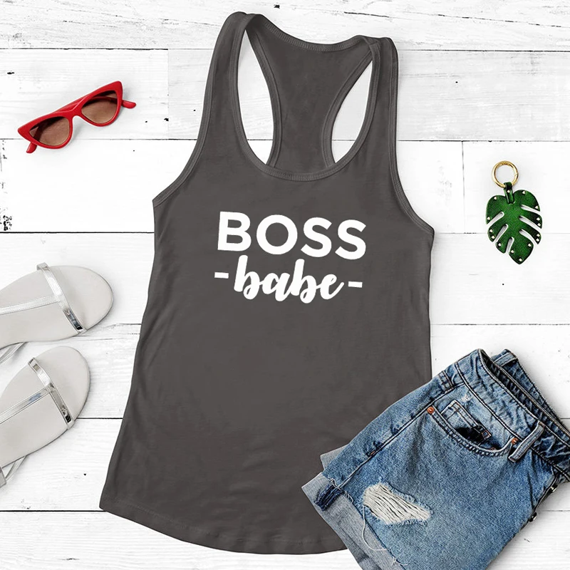 Жилет Boss Babe, повседневные топы без рукавов для женщин, женские черные майки, сексуальные летние майки с открытой спиной для тренировок в тренажерном зале, рубашка - Цвет: dark gray-white text