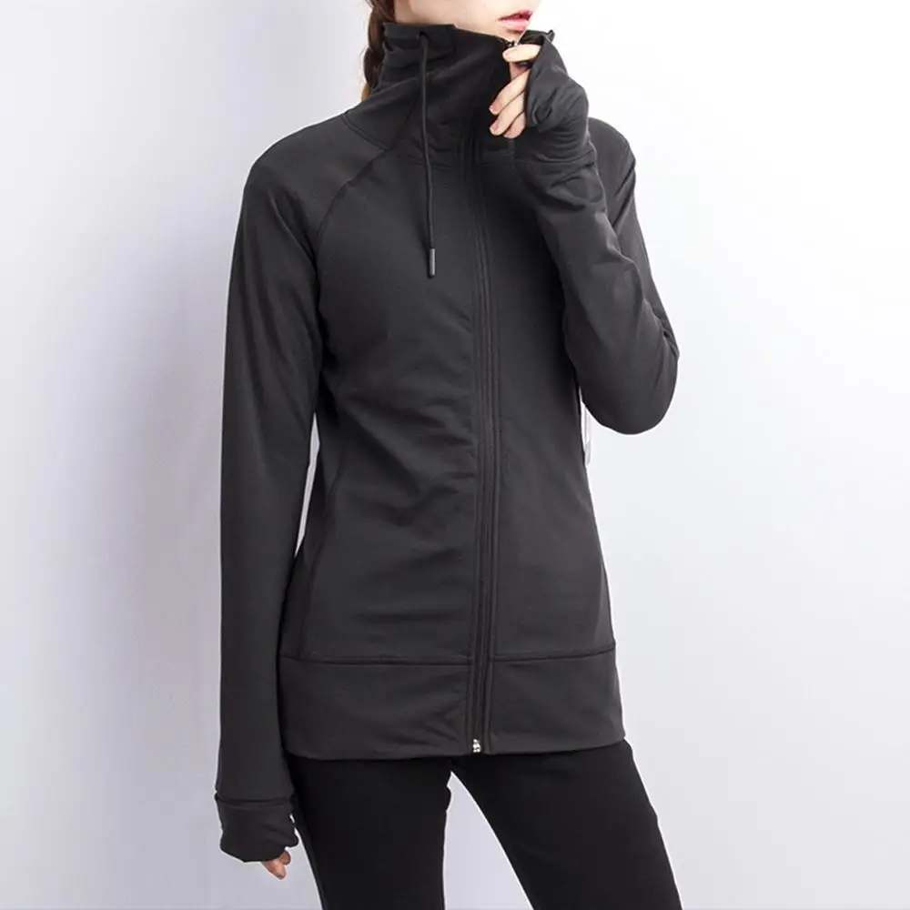 Тонкая спортивная куртка с длинными рукавами и высоким воротником, куртка для фитнеса, для бега, йоги, осенняя и зимняя женская рубашка - Цвет: Черный
