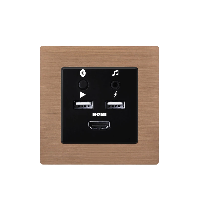 

Hotel aluminum board champagne gold wall type 86 bluetooth +3.5 audio + 2 bit USB+HDMI information socket