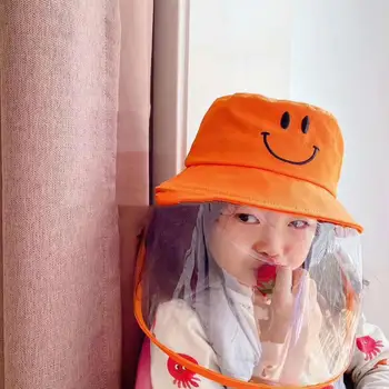 

New Windproof Anti-Spitting Protective Mask Removable Protective Kids Foldable Bucket Hat Solid Color Smile Fisherman Cap