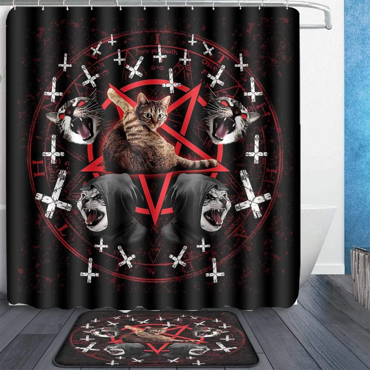 Satanic Cat Pentagram Death Black Metal Shower Curtain OnlyShower