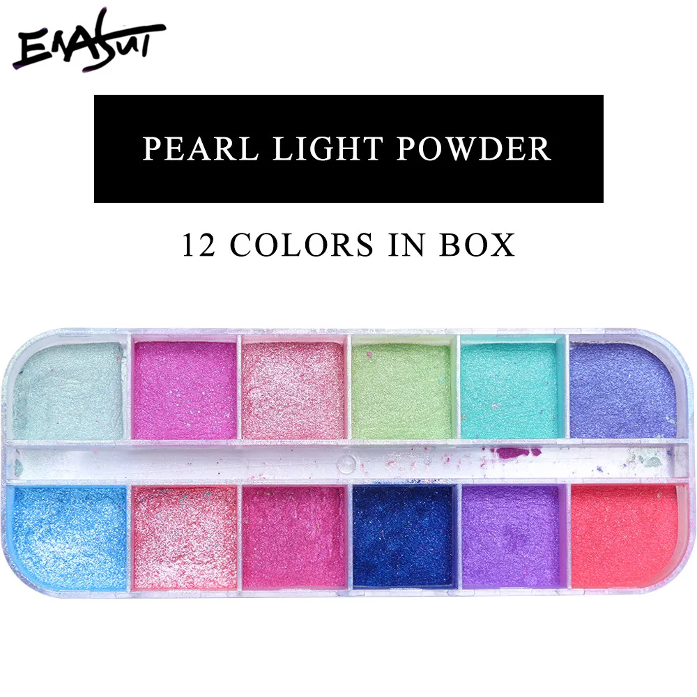ENASUI Nail Art Decorations 12Grids Chrome Nail Powder Dipping Shimmer Dust Colorful Pigment Powder Rubbing Pearl Glitter Powder