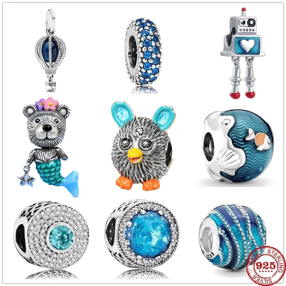 925 Sterling Silver Metal Beads Blue Wave Ocean Murano Glass Charm fit Original Pandora charms Bracelet Genuine Gifts | Украшения и