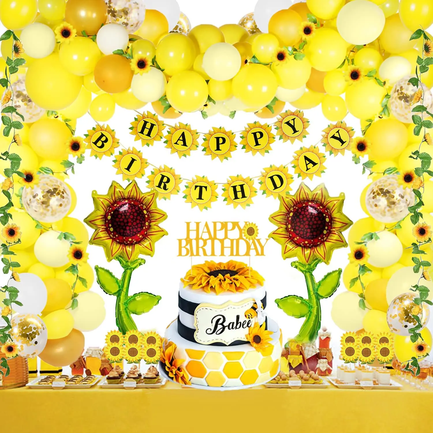 

105 Pcs Sunflower Birthday Party Decoration Kit Happy Birthday Banner Aluminum Foil and Latex Balloon Artificial Sunflower Vine