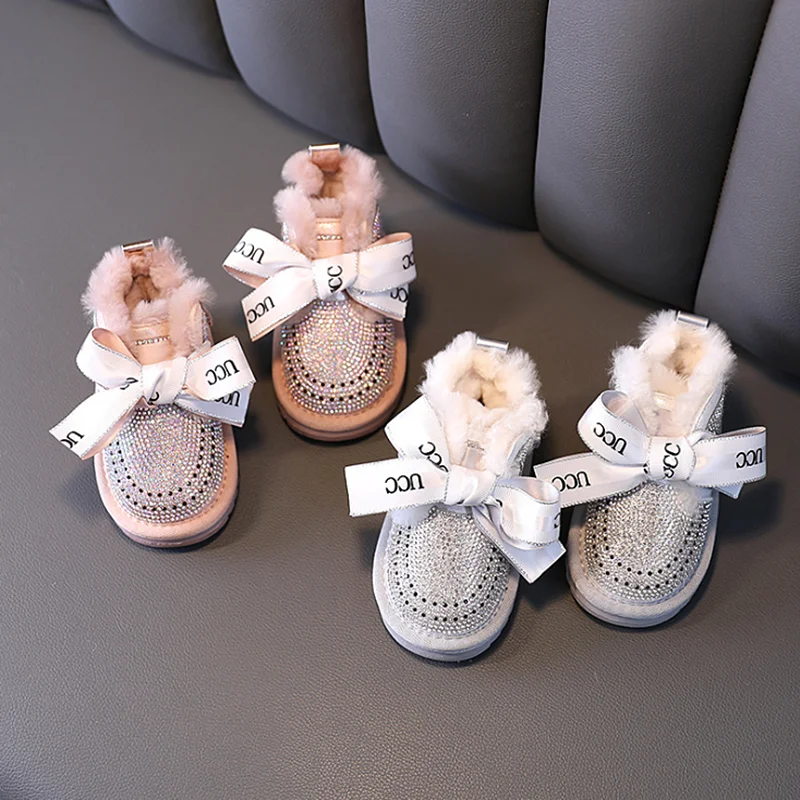 AOGT Winter Baby Girls Boots Rhinestone Princess Warm Plush Toddler Cotton Shoes Non-Slip Fashion Wool Infant Snow Boot