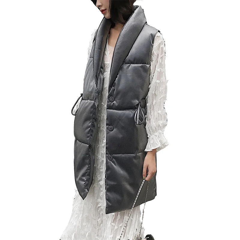 Women winter long vest sleeveless coat thick waistcoat shiny fabric M-XXL 3color silver blue black drop shipping
