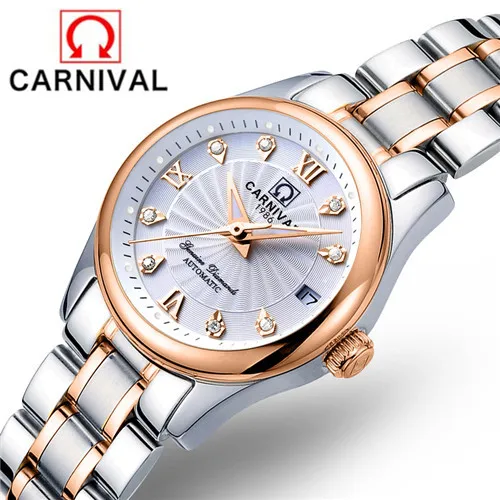 Rose Gold White CARNIVA Роскошные для женщин механические часы дамы водонепроницаемый кристалл сапфир Автоматические наручные часы Календарь Часы Relogio Feminino - Цвет: Rose Gold White