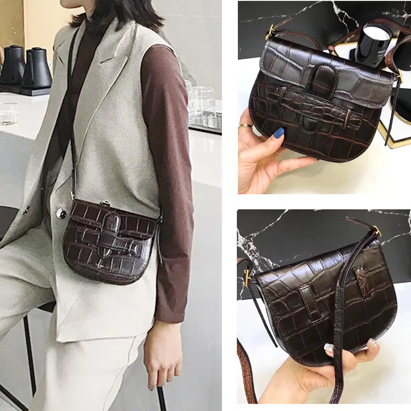

2019 New Style Flip Latch Saddle Horseshoe Bag Crocodile Pattern Wallet WOMEN'S Leather Bags Shoulder Bag
