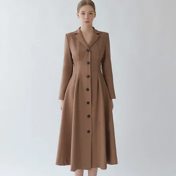 

Winter OL Notched Single Breasted Solid Cloth Swing Long Blazer Office Casual Trench Wind Coat
