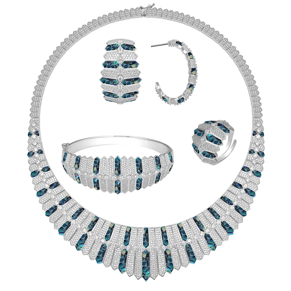 Silver color Роскошные уникальные ювелирные изделия из Дубаи, медное ожерелье, наборы, блестящая оболочка, дизайн для женщин, циркониевые ювелирные изделия, нигерийские Свадебные наборы - Окраска металла: Silver color