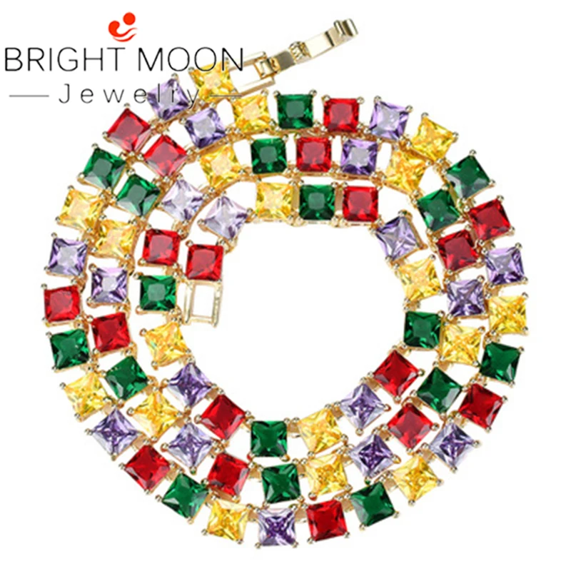 

Bright Moon Personality color zircon necklace microscope four color hip hop jewelry square zircon necklace trend