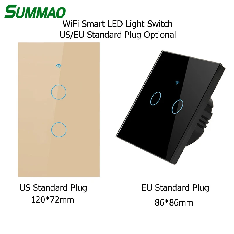 

2 Gang US/EU Power Plug WiFi Smart LED Light Switch No Neutral Required Switches Glass Panel Wall Touch Switch for Hotel Bedroom