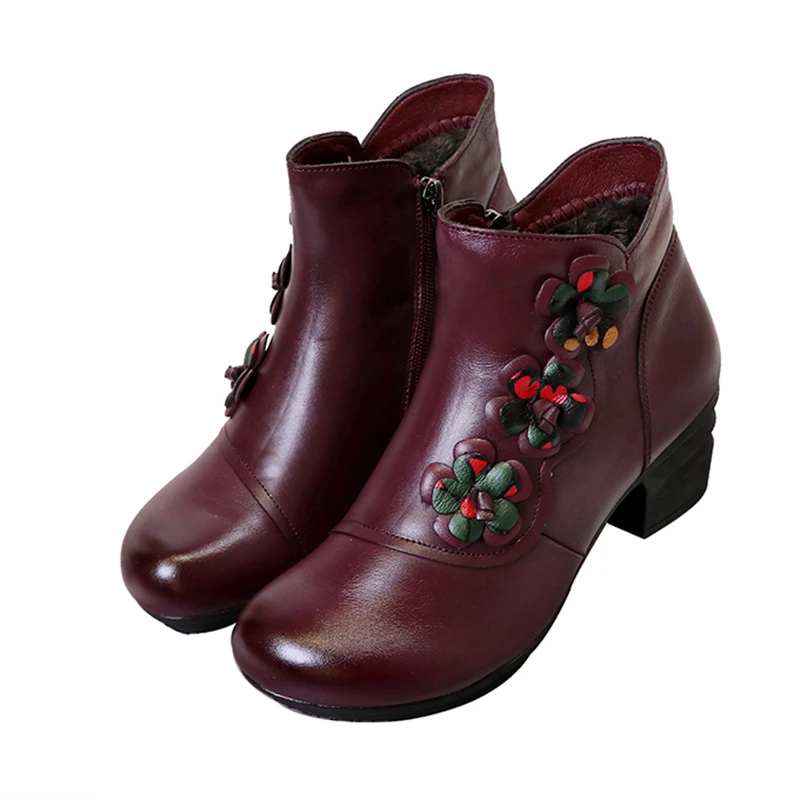 Glglgege/Новинка года; ботильоны из коровьей кожи; женская обувь; зимние ботинки из натуральной кожи; удобные теплые ботинки на низком каблуке с цветочным узором