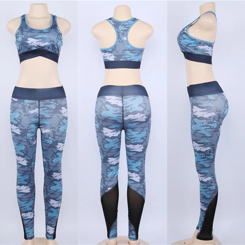 Женский комплект для йоги, спортивный костюм, комплект для фитнеса, розовая камуфляжная одежда для спортзала, одежда для бега, спортивная одежда, спортивный костюм, майка, сетчатые леггинсы - Цвет: Blue Yoga Suits
