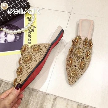 

Rhinestone Flower Mule Shoes Women Flat Slippers Pointed Toe Red Bottom Female Fashion Slip On Loafers Ladies Dress Shoe Women