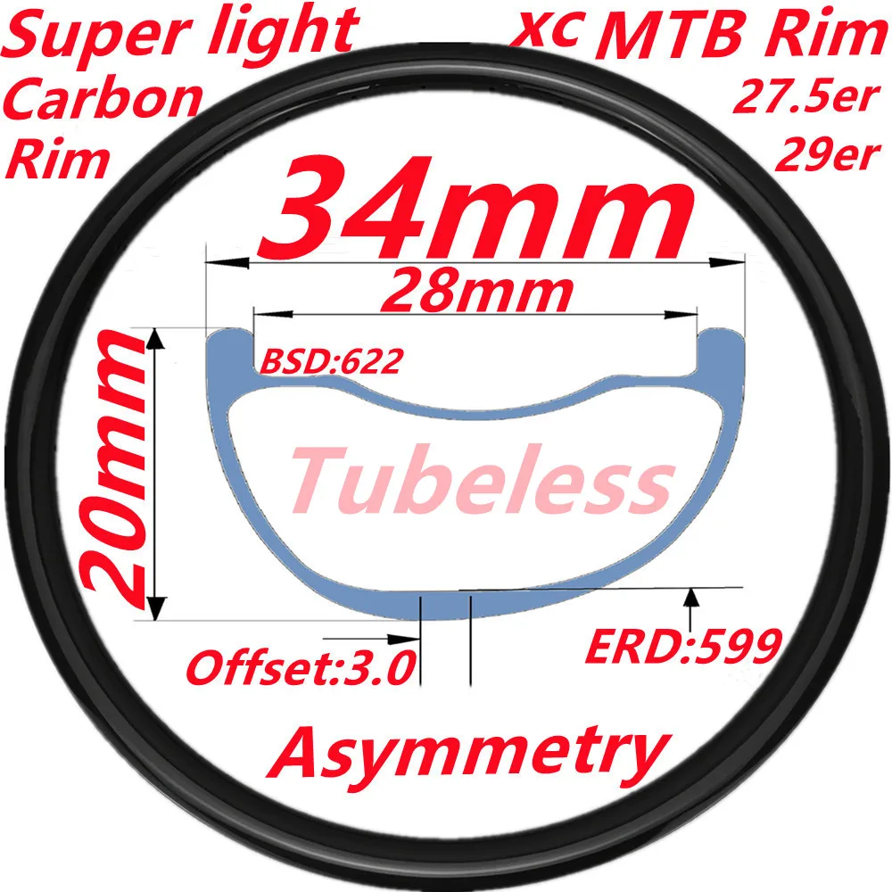 Jante Carbone 29" Tubeless Pour VTT - Sans Crochet - 28/32/36 Trou - Garantie 3 Ans - Neuf