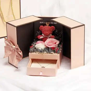 

VKTECH Romantic Artificial Rose Flower Bear 2 Doors Gift Box Jewelry Necklace Rings Storage Case Birthday Wedding Valentine Gift