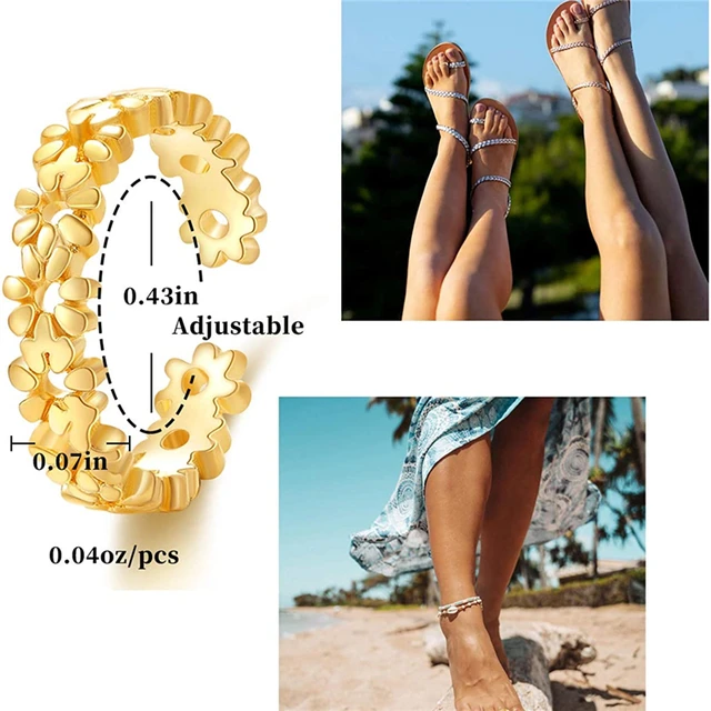 Anelli Da Dito Del Piede In Oro 14K Regolabili - Gioielli Spiaggia Donna Fascia Aperta - Foto 3