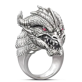 

Huitan Sculpted Dragon Head Ring with Red Eyes for Men Punk Style Vintage Male Ring Party Finger Ring Men Rings Animal Jewelry