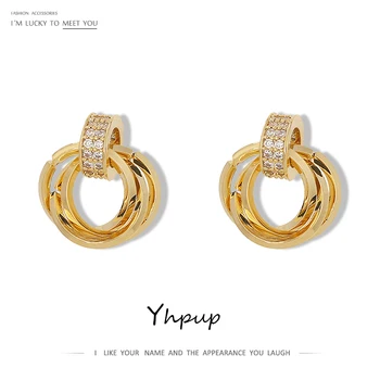 

Yhpup Multi-layer Round Stud Earrings Korean Exquisite Cubic Zirconia Earrings Copper Gold Jewelry for Women Orecchini Donna New
