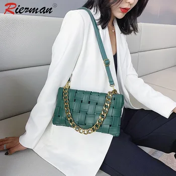 

RIEZMAN New PU Leather Weave Square Crossbody Bag Women's Shoulder Messenger Bag Handbag Designer Braided Clutch Travel Bag Flap