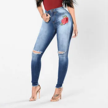

Fashion Hole-breaking Embroidery High-elasticity Jeans Pencil Stretch Denim Pants Trousers Female Street Small-feet Jean
