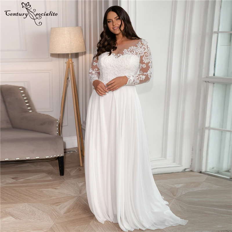 

Boho Plus Size Wedding Dresses for Women 2020 Lace Applique Long Sleeve Bridal Dress Chiffon Bride Gowns O-Neck Vestido De Noiva