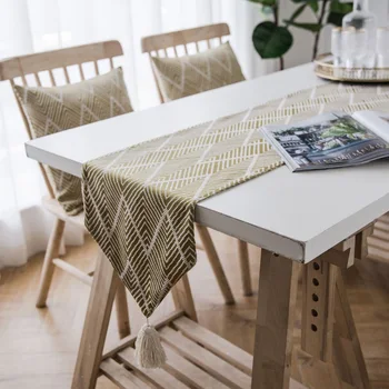 

Geometric Jacquard Table Runner With Tassel Navy/Yellow/Green Embroidered Table Flag For TV Cabinet Decoration Home Bed Runners