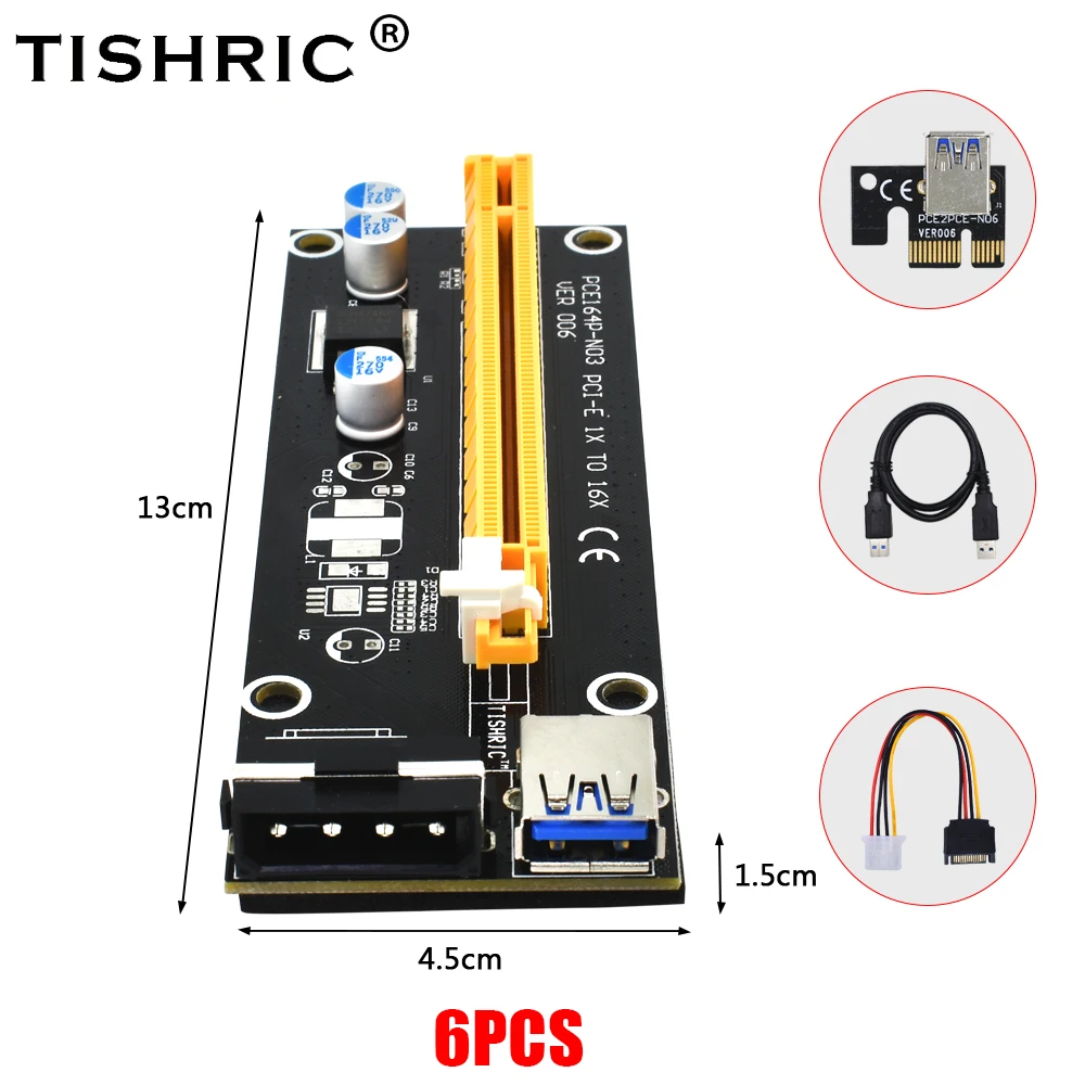 TISHRIC 6 шт. 60 см VER006 Райзер-карта PCI-E 1X до 16X удлинитель USB 3.0 Графический