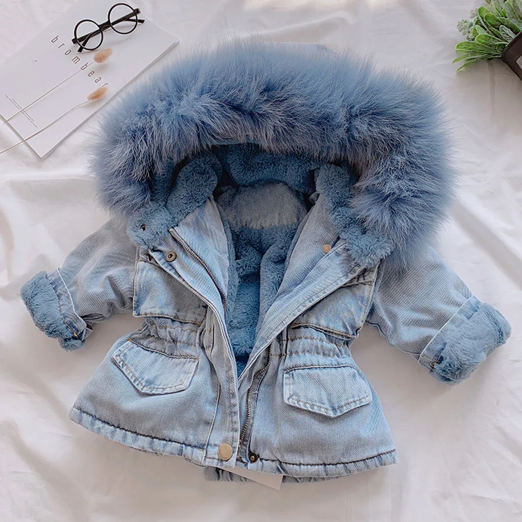 Теплое плотное джинсовое пальто с капюшоном из искусственного меха для маленьких девочек верхняя одежда для новорожденных девочек - Цвет: Синий