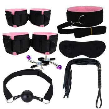 

7pcs/set For Woman PU Leather SM Bondage Set Sexy Handcuffs Footcuffs Whip Rope Eye Mask Blindfold Erotic Sex Toys For Couples