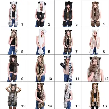 

3 In 1 Women Men Fluffy Plush Animal Wolf Leopard Hood Scarf Hat with Paws Mittens Gloves Thicken Winter Warm Earflap Bomber Cap