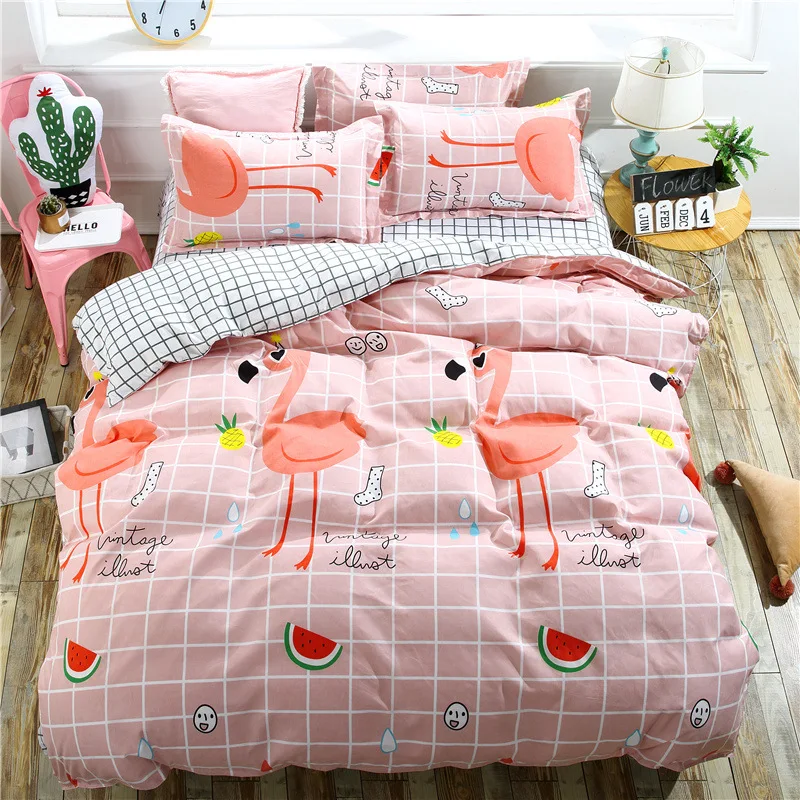 

Cartoon Pink Flamingo Bed Linen Geometric cute Family Luxury Bedding Sets Duvet Cover Bed Sheet Cover Set queen king size