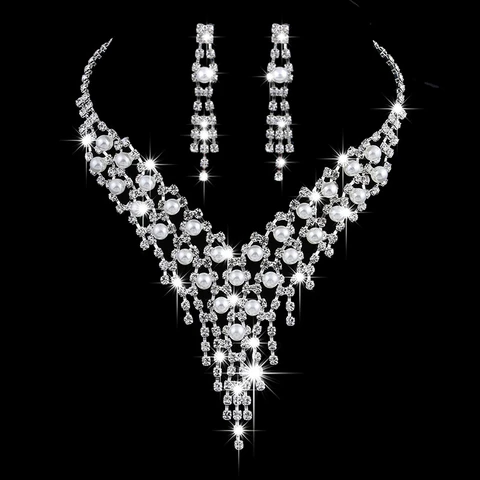 Long Tassels Jewelry Pearl Necklace Earing Set Crystal Zircon Wedding Bridal Jewelry Sets For Women Bijoux Mariage Zestaw