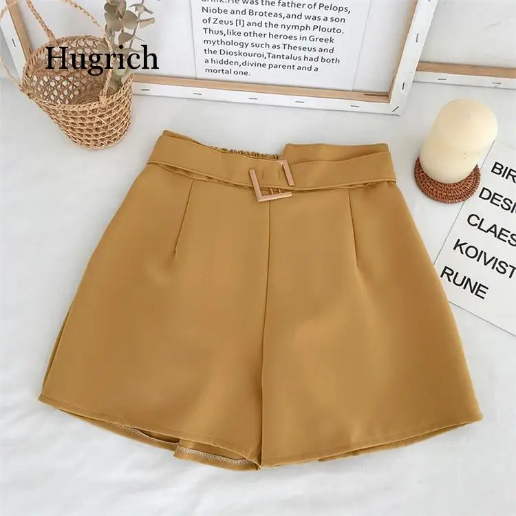 Office Elastic Waist Shorts Women Mini High Waist Shorts with Belt Wide Leg Summer 2020 Harajuku Korean Short Feminino