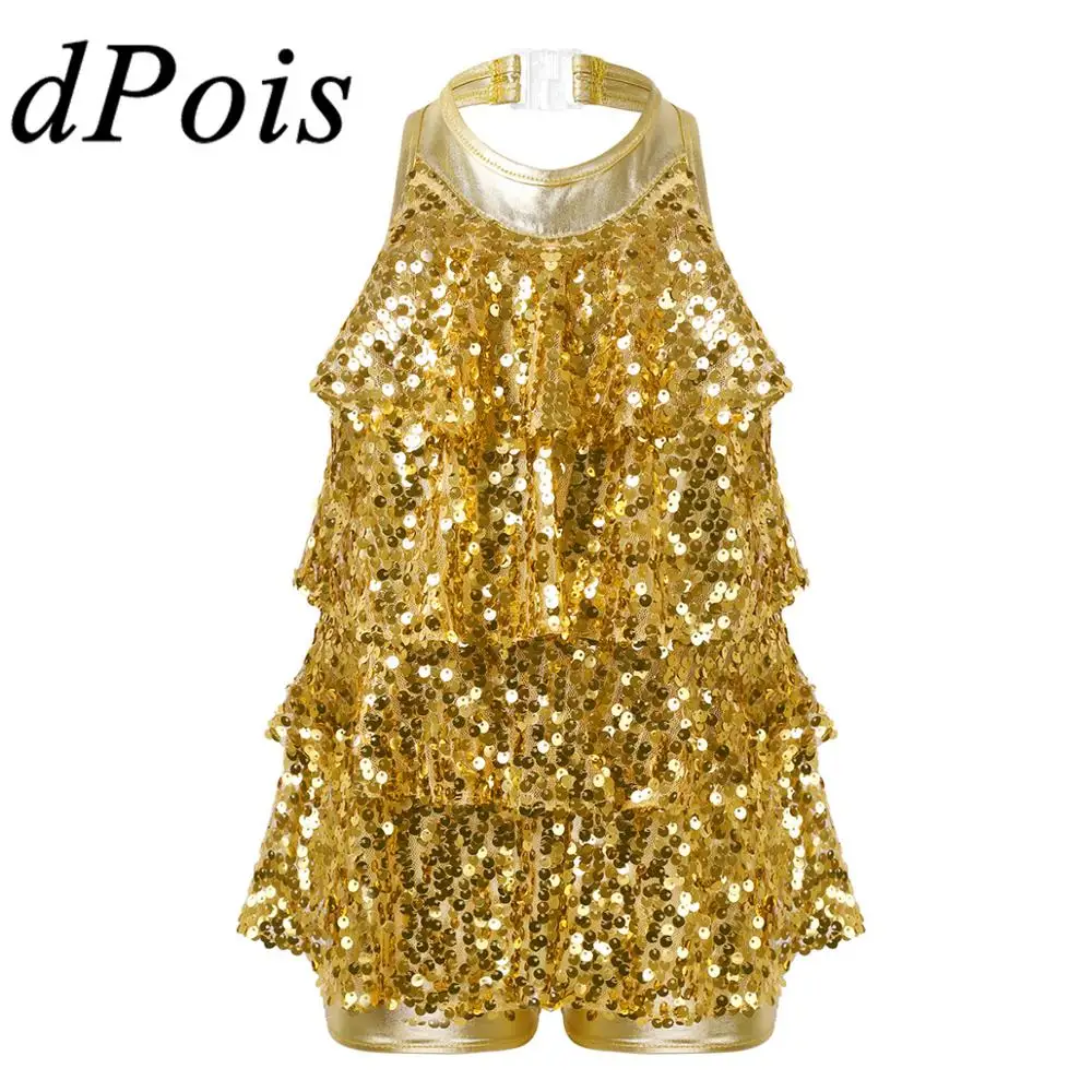 

Kids Girls Halter Shiny Sequins Shorty Unitard Dress Gymnastics Leotard Ballet Modern Jazz Latin Dance Costume Sparkly Dancewear