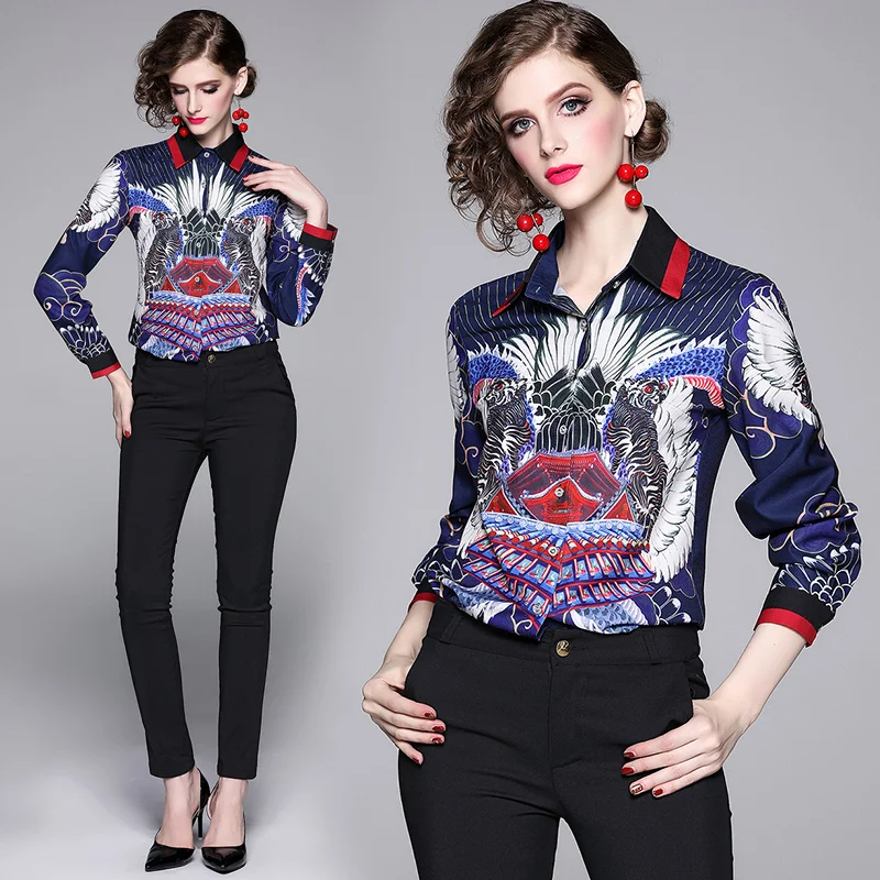 

European new women's clothing collar shirt long sleeve printed cultivate one's morality joker
