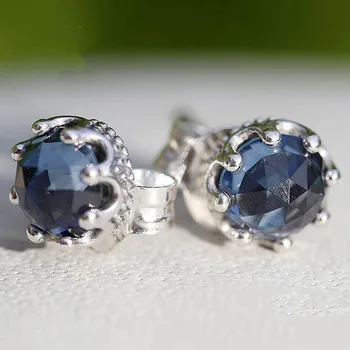 

Original 925 Sterling Silver Earring Blue Sparkling Crown Stud Earrings With Crystal For Women Wedding Gift Fine Europe Jewelry