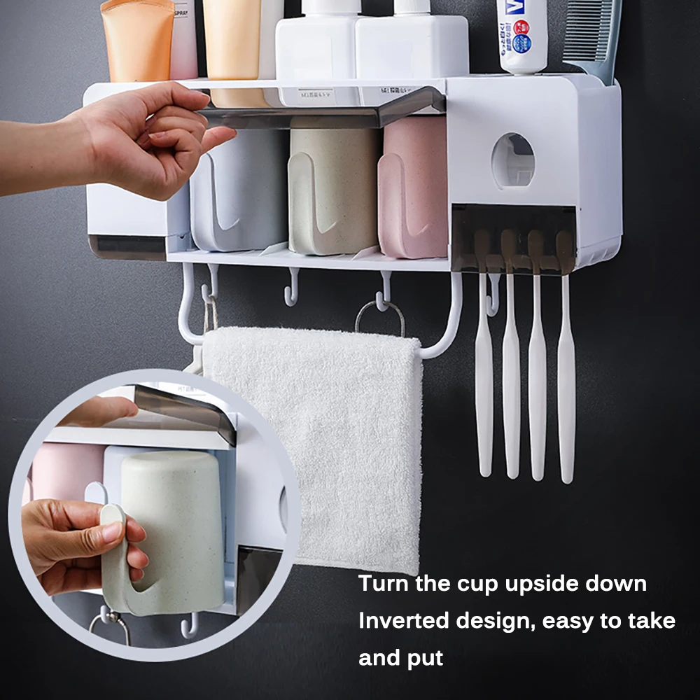 

Wall-Mounted Toothbrush Holder Automatic Toothpaste Dispenser Bathroom Storage Rack Makeup Organizer Towel Holder With Cups