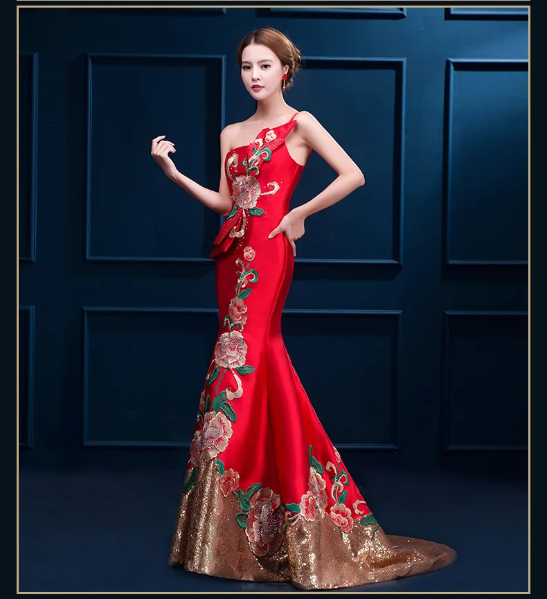 Роскошный Красный Русалка китайские вечерние платья цветок вышивка длинный Ципао одно плечо невесты свадебное платье в восточном стиле