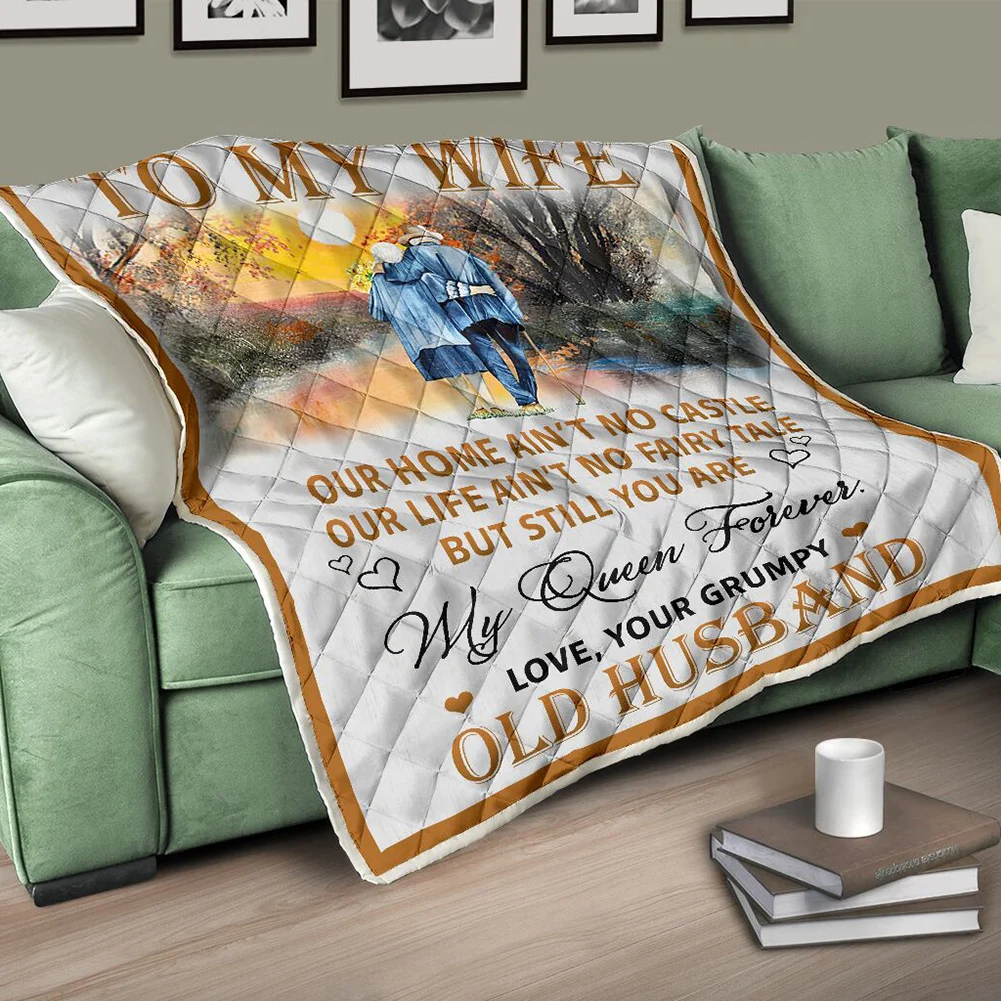 

To My Wife Blanket Letter Printed Diamond Stitched Pattern Cotton Filling Blanket Thin Style Quilt BJStore