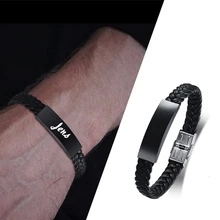 Персональный Плетеный черный кожаный браслет для мужчин гравюр ID бирка браслет мужские ювелирные изделия