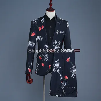 

Male Digital Printing Carnation Groom Dress Suit Performance Suit Male Host Mc Nightclub Shadow Landlord Title Suit