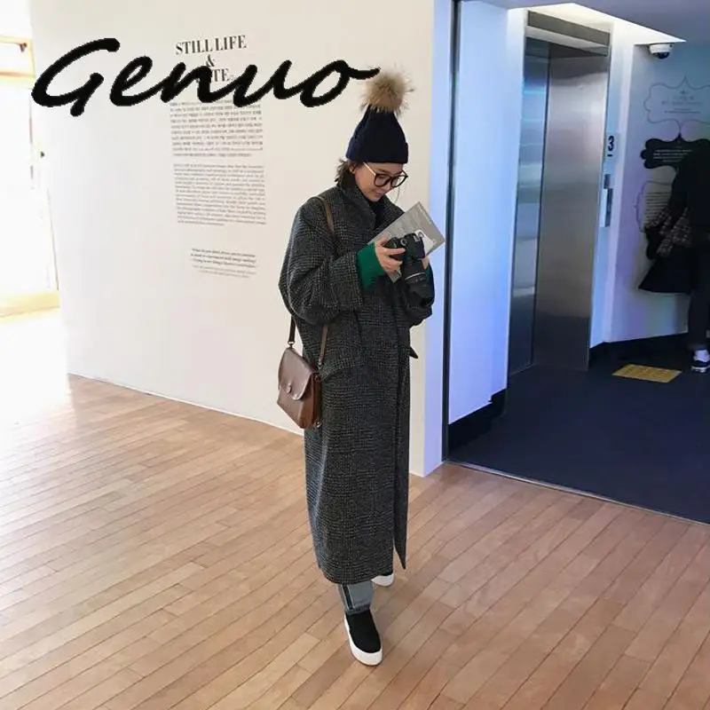 Genuo новое осенне-зимнее пальто женское уличное однобортное Свободное длинное шерстяное пальто Новое корейское клетчатое плотное пальто