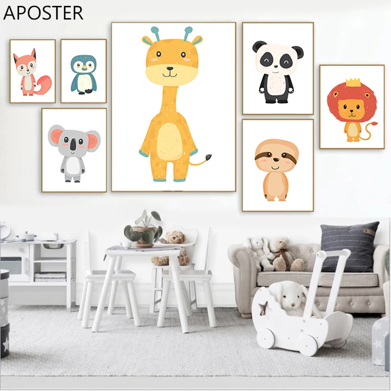 

Canvas Painting Elephant Giraffe Panda Lion Fox Animal Poster Nordic Nursery Wall Art Picture and Prints For Baby Kidroom Decor