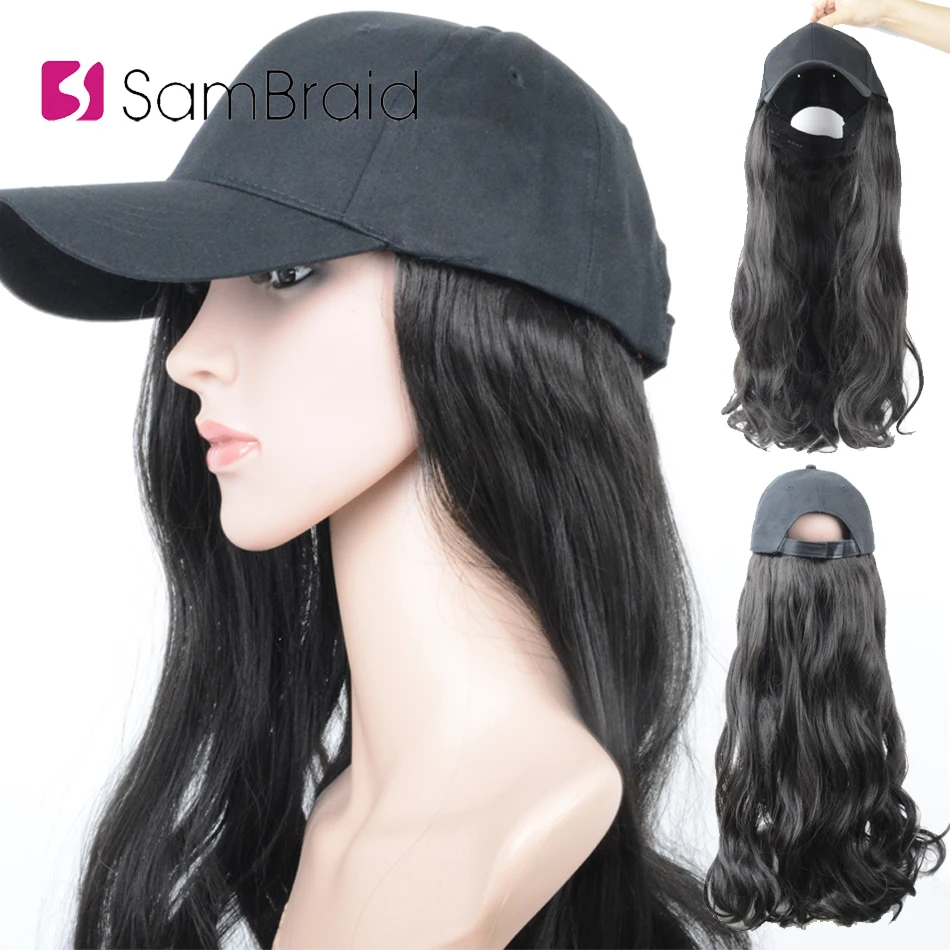 SAMBRAID 18 дюймов Волнистые волосы для наращивания с черной крышкой парик все-в-одном женская бейсболка шляпа парик синтетические волосы
