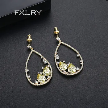 

FXLRY Vintage Luxury White/Gold Micro Mosaic Cubic Zircon Geometric Oval Long Water Drop Earrings for Women Dating Wedding