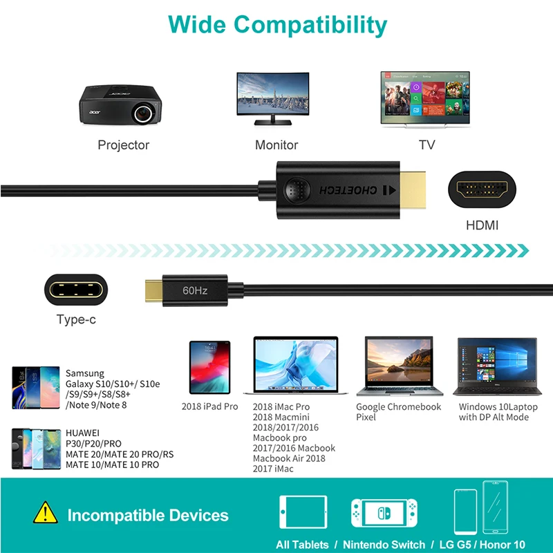 CHOETECH 1,8 м USB C к HDMI кабель 4 k@ 60Hz для MacBook Pro/Air/iPad Pro совместимый Thunderbolt 3 usb type C к HDMI кабель