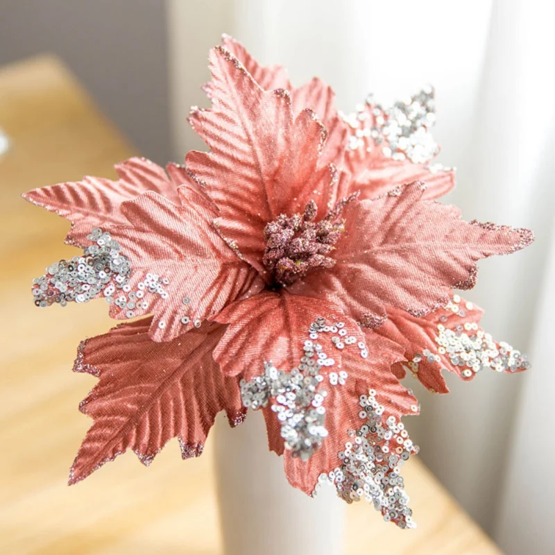

Christmas Artificial Flowers Sequined Velvet Handmade Dried Flower Home Party Accessories Flores Artificiales Decoration