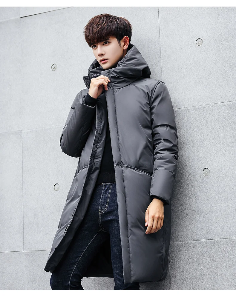 

Winter New Men's Down Jacket Ultralight Duck Down Warm Coat Black Long Thick Hooded Jacket Male Windproof Overcoat Parka